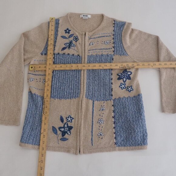 Alia Beige Blue Embroidered Floral Knit Zip Up Cardigan Sweater Large - Picture 4 of 14